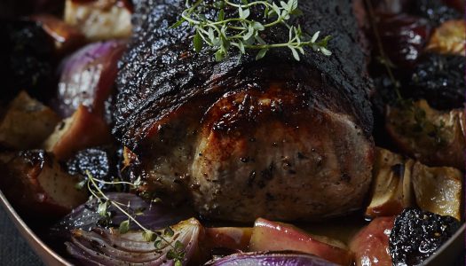 Cider Brined Pork Roast with Apples, Onions, & Dried Plums